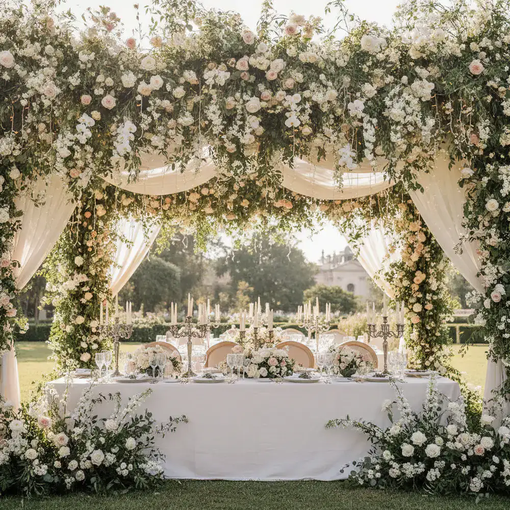 Grand floral installation over a wedding reception table