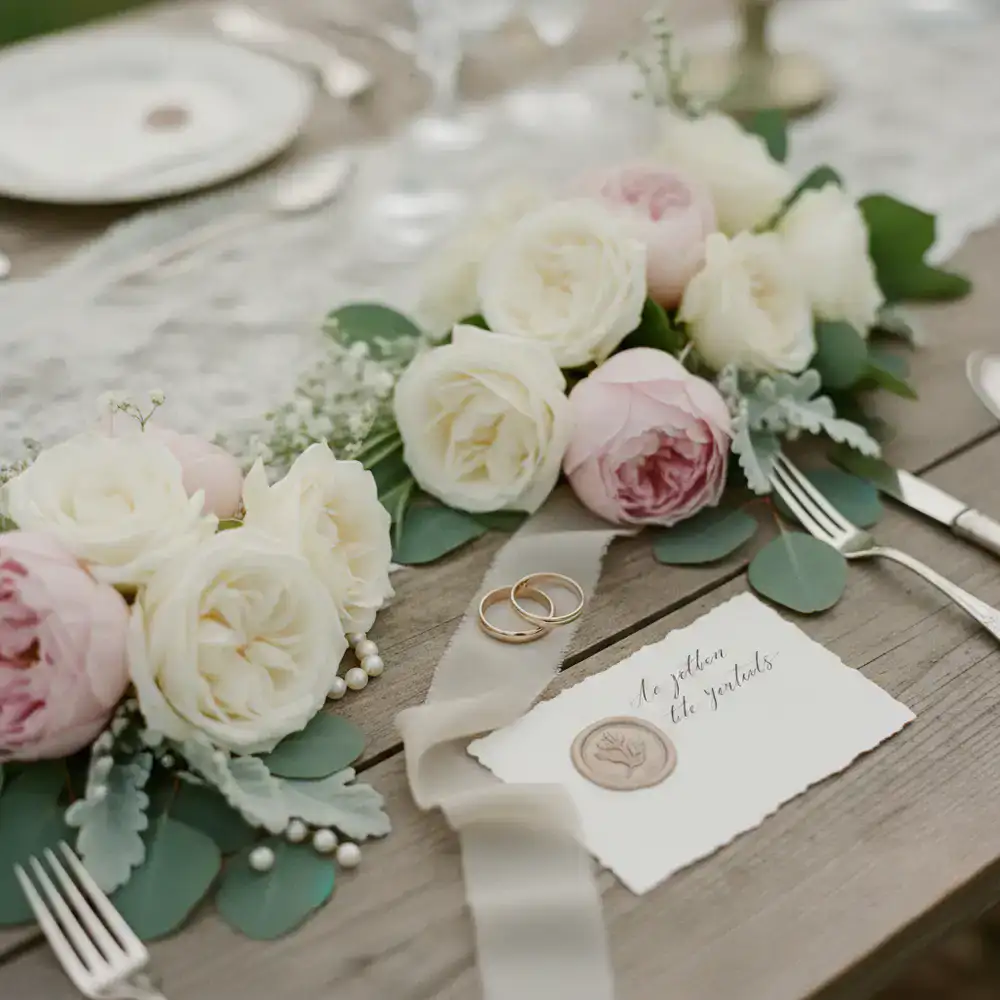 Close up of fine wedding details and floral arrangements