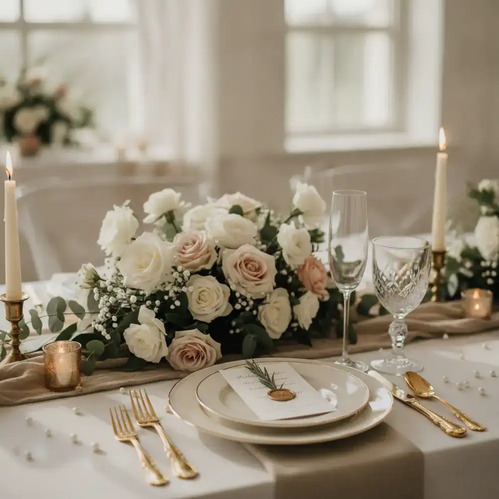 Close up of a romantic wedding table setting with gold cutlery