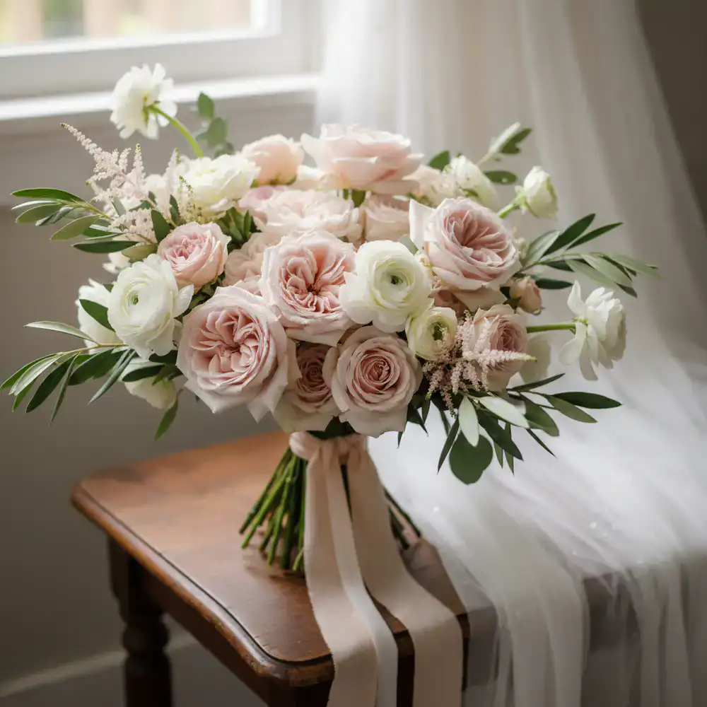 Detailed shot of an intricate bridal bouquet featuring blush roses