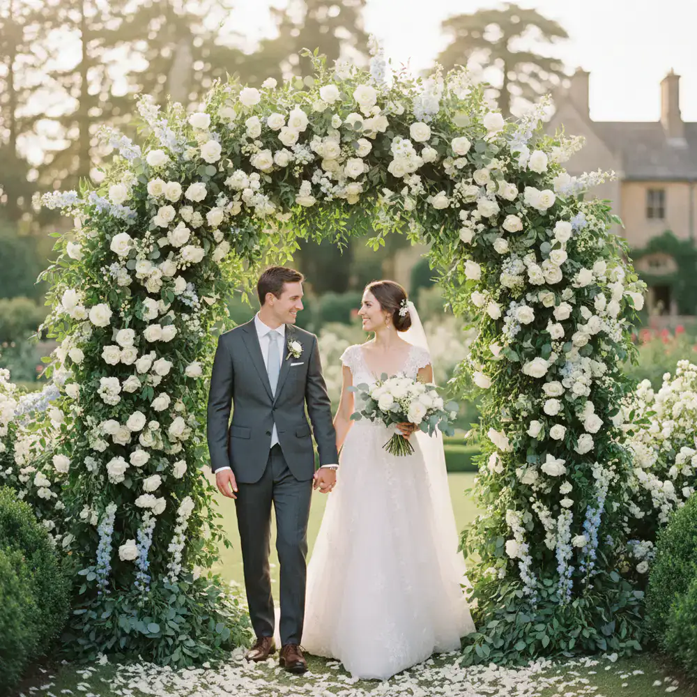 Elegant wedding couple walking through a lush floral archway