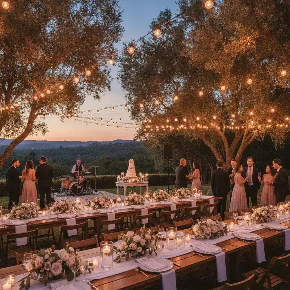 Grand outdoor wedding reception glowing with string lights