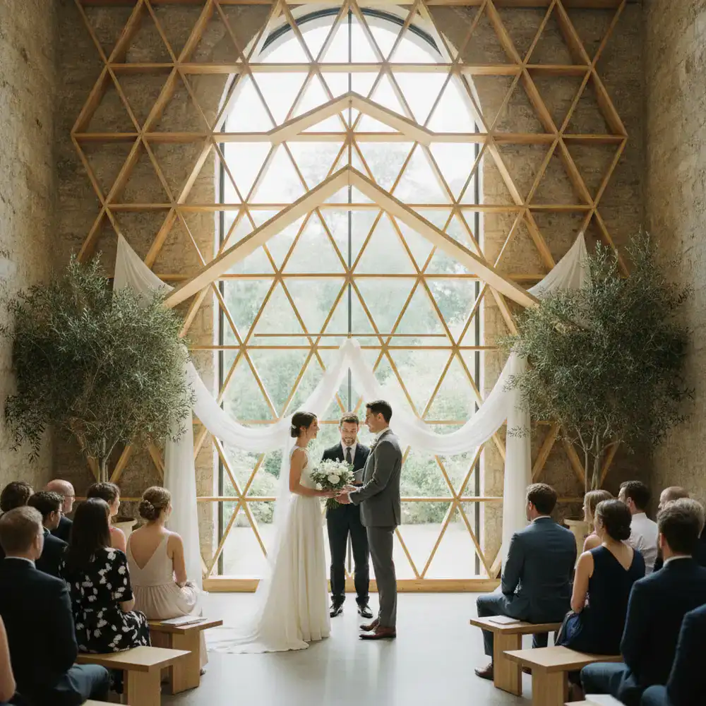 Intimate modern wedding ceremony with architectural details