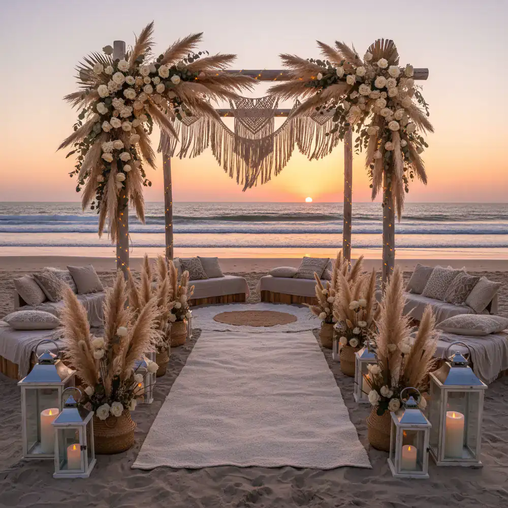 Bohemian beach wedding setup with dried florals