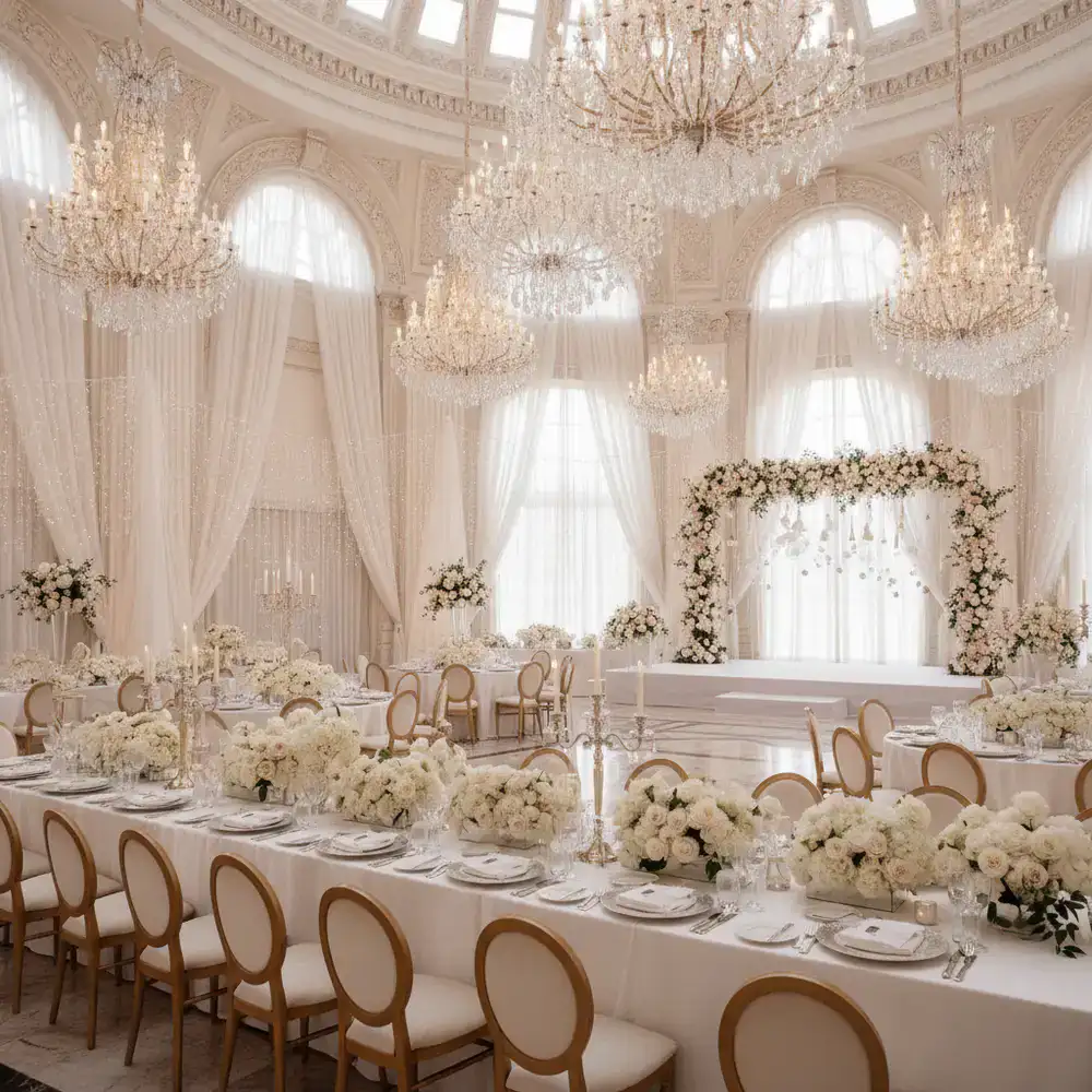 Opulent ballroom wedding decor with crystal chandeliers