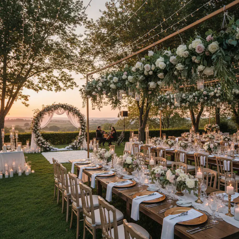 Beautifully decorated wedding venue setup