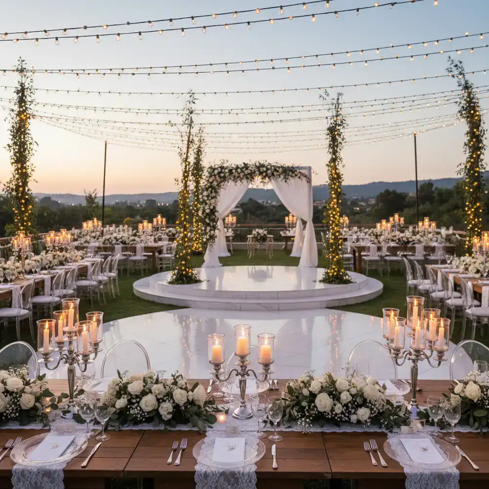Elegant wedding venue setup with romantic lighting