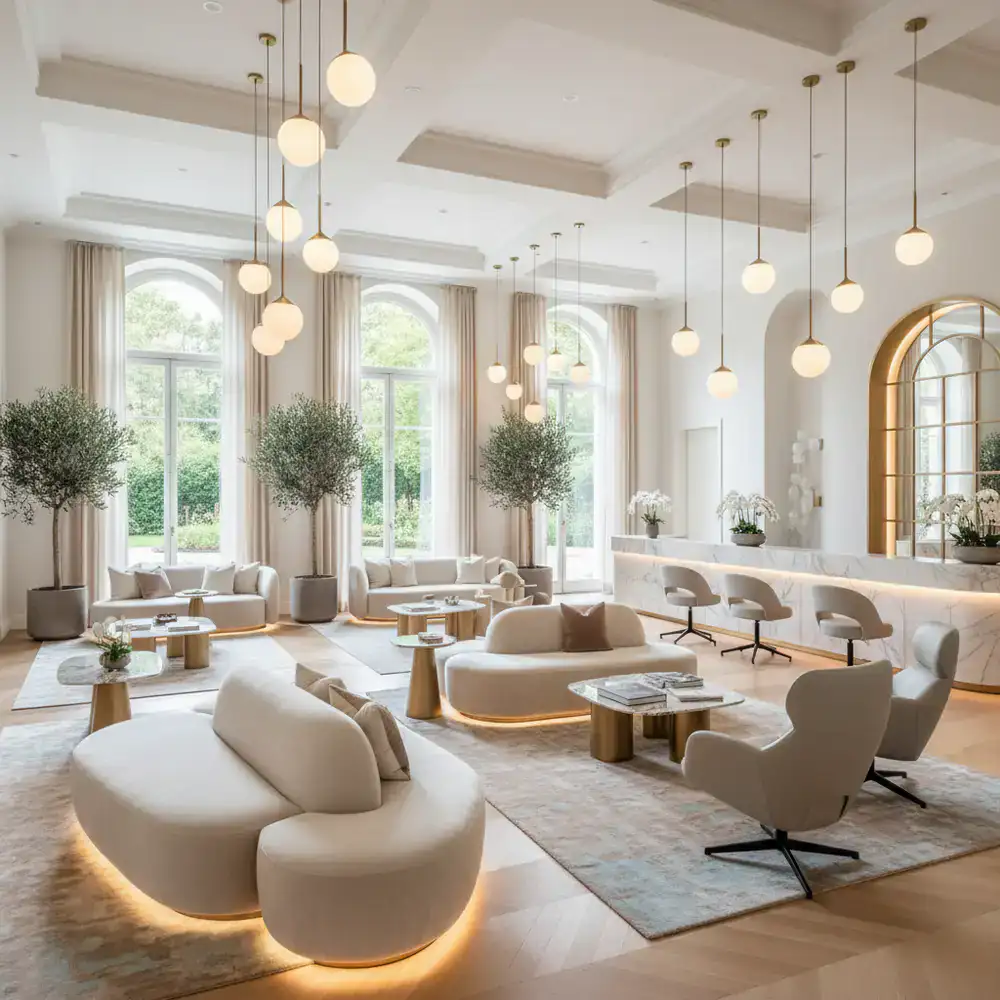 A wide view of a luxury reception layout highlighting smart investments in lighting and seating