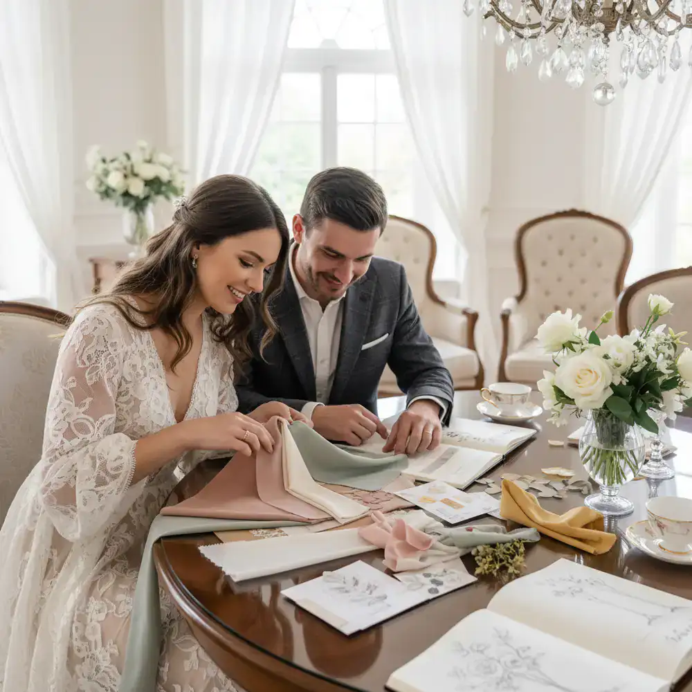 Couple reviewing their elegant wedding design swatches