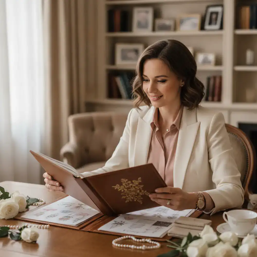 A polished wedding planner reviewing an elegant dossier